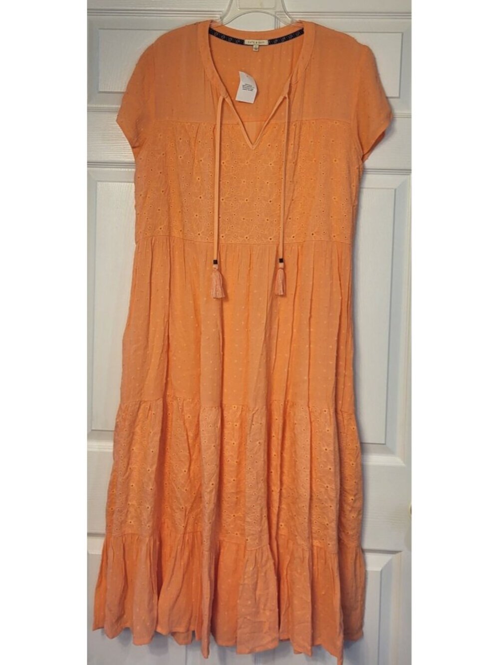 Kate and Sam Orange Boho Eyelet Lace Front Tassel Tiered V-neck Maxi Dress Large